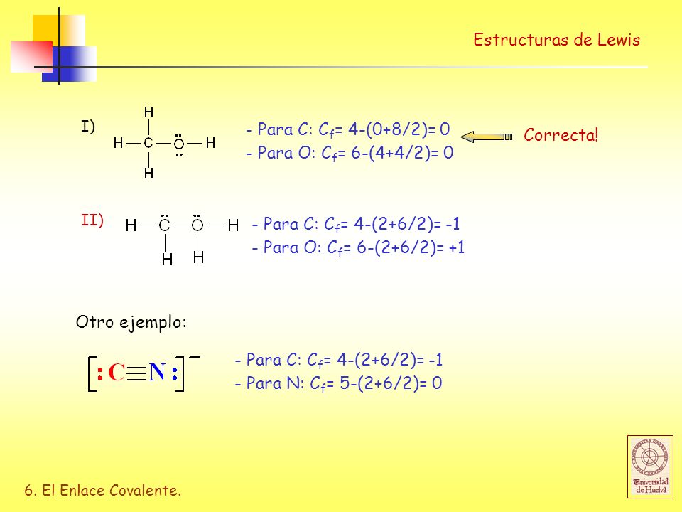 Estructuras de Lewis - Para C: Cf= 4-(0+8/2)= 0 Correcta!