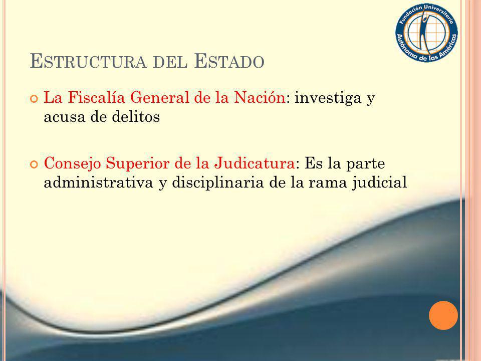 Estructura del Estado La Fiscalía General de la Nación: investiga y acusa de delitos.
