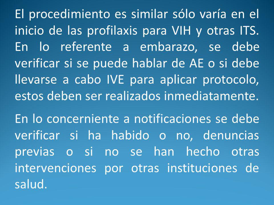 El procedimiento es similar sólo varía en el inicio de las profilaxis para VIH y otras ITS. En lo referente a embarazo, se debe verificar si se puede hablar de AE o si debe llevarse a cabo IVE para aplicar protocolo, estos deben ser realizados inmediatamente.