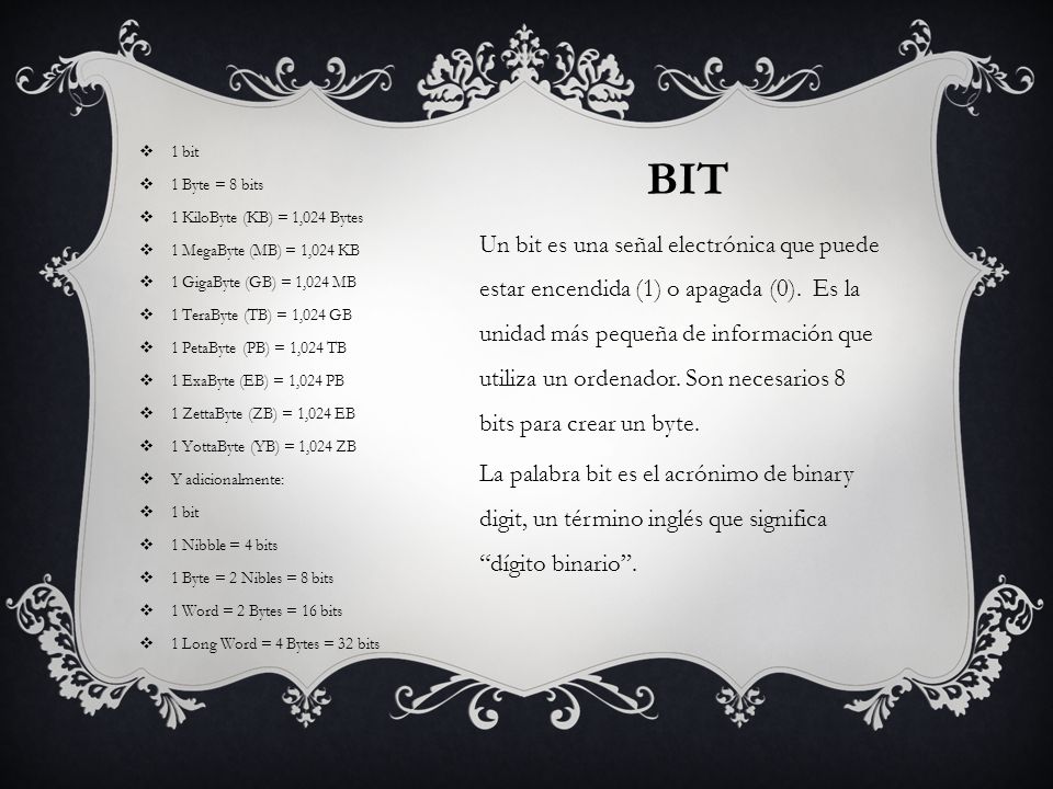 1 bit 1 Byte = 8 bits. 1 KiloByte (KB) = 1,024 Bytes. 1 MegaByte (MB) = 1,024 KB. 1 GigaByte (GB) = 1,024 MB.