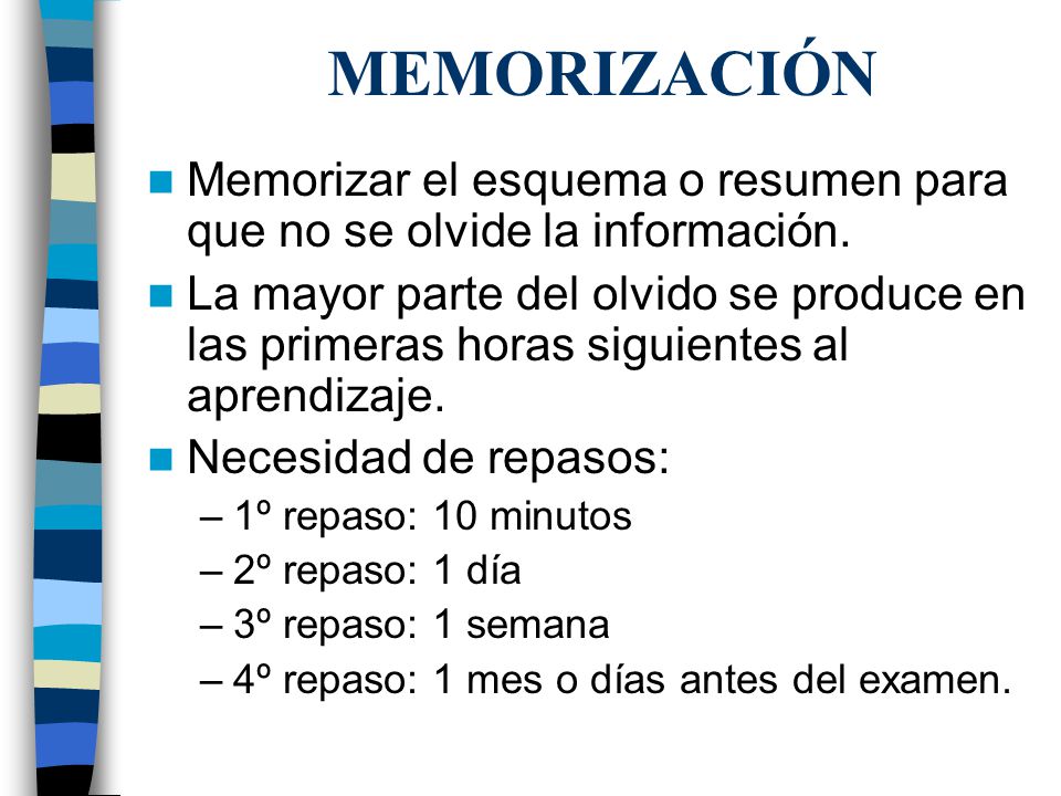 MEMORIZACIÓN Memorizar el esquema o resumen para que no se olvide la información.
