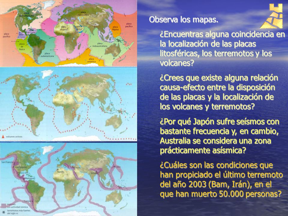 Observa los mapas. ¿Encuentras alguna coincidencia en la localización de las placas litosféricas, los terremotos y los volcanes