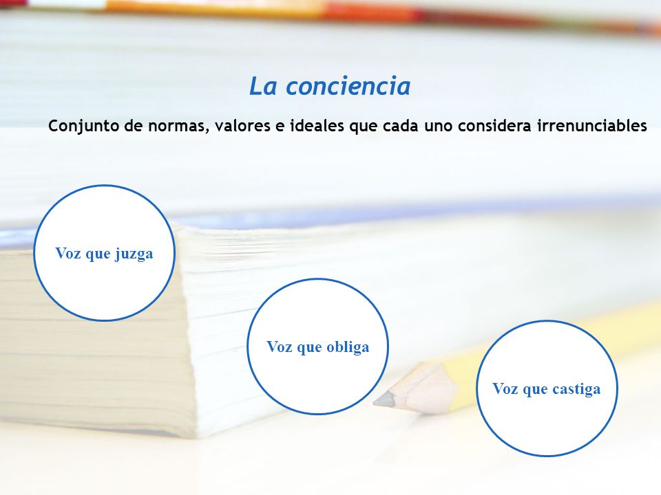 La conciencia Conjunto de normas, valores e ideales que cada uno considera irrenunciables. Voz que juzga.