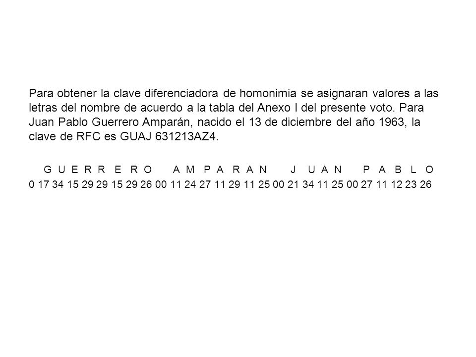 Para obtener la clave diferenciadora de homonimia se asignaran valores a las letras del nombre de acuerdo a la tabla del Anexo I del presente voto. Para Juan Pablo Guerrero Amparán, nacido el 13 de diciembre del año 1963, la clave de RFC es GUAJ AZ4.