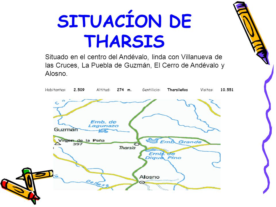 SITUACÍON DE THARSIS Situado en el centro del Andévalo, linda con Villanueva de las Cruces, La Puebla de Guzmán, El Cerro de Andévalo y Alosno.
