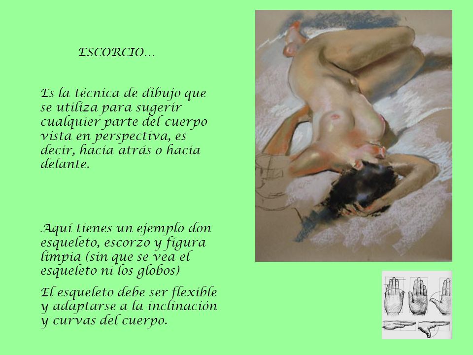 ESCORCIO… Es la técnica de dibujo que se utiliza para sugerir cualquier parte del cuerpo vista en perspectiva, es decir, hacia atrás o hacia delante.
