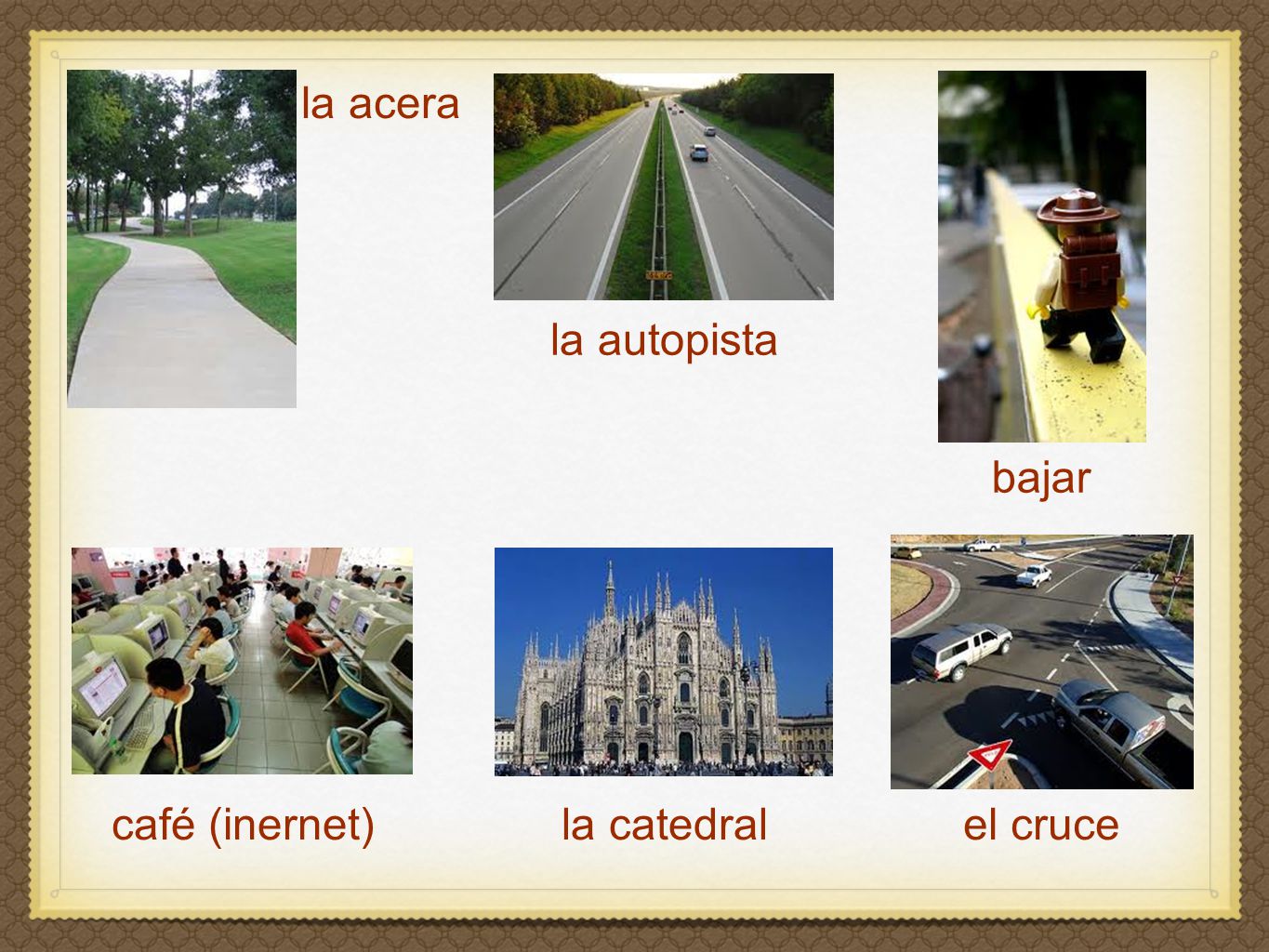 la acera la autopista bajar el cruce café (inernet) la catedral