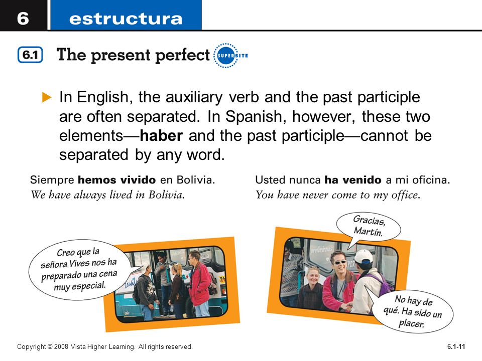 In English, the auxiliary verb and the past participle are often separated. In Spanish, however, these two elements—haber and the past participle—cannot be separated by any word.