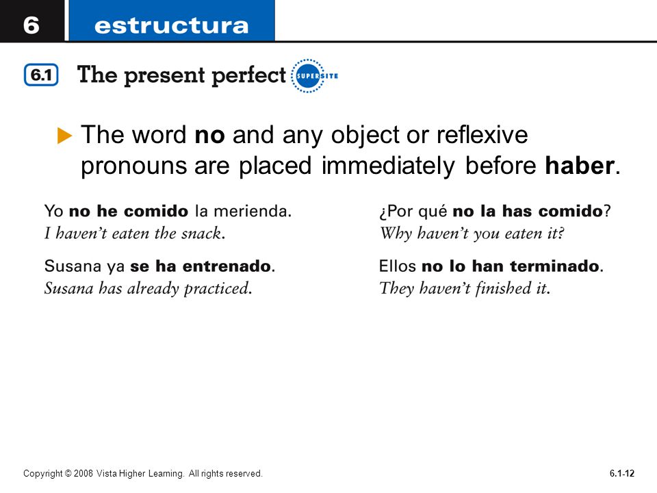 The word no and any object or reflexive pronouns are placed immediately before haber.