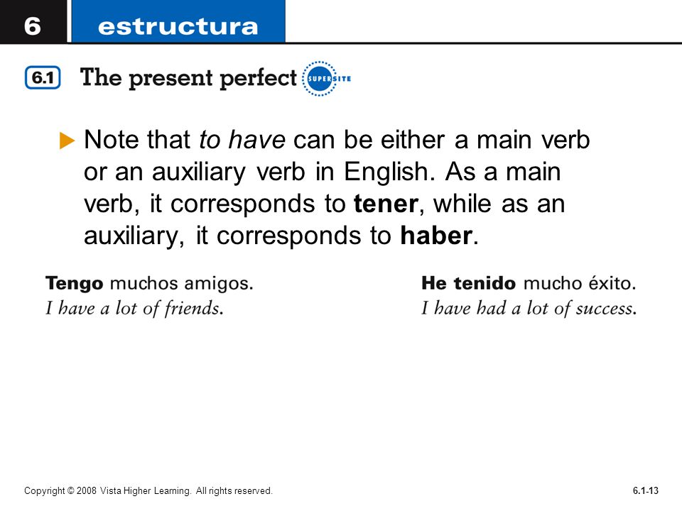 Note that to have can be either a main verb or an auxiliary verb in English. As a main verb, it corresponds to tener, while as an auxiliary, it corresponds to haber.