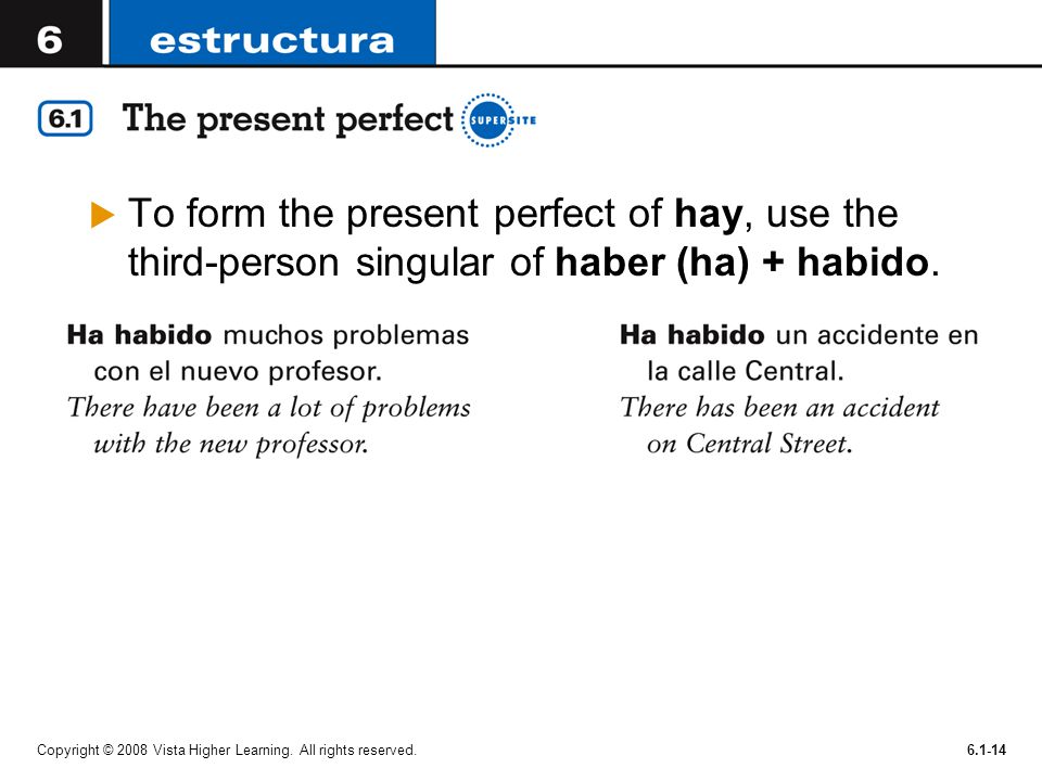 To form the present perfect of hay, use the third-person singular of haber (ha) + habido.
