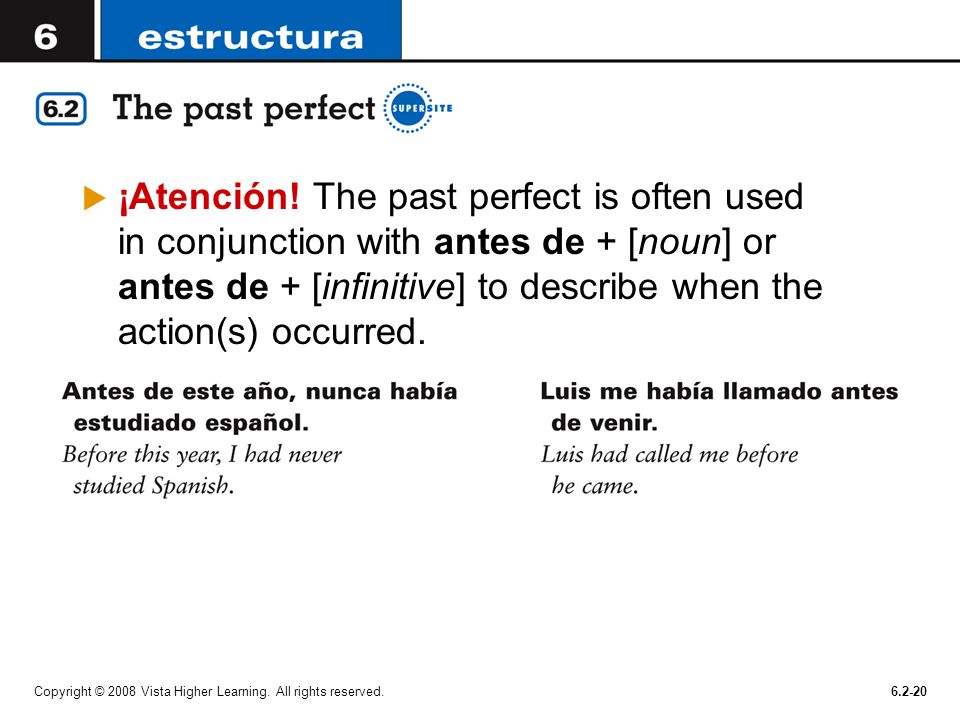 ¡Atención! The past perfect is often used in conjunction with antes de + [noun] or antes de + [infinitive] to describe when the action(s) occurred.