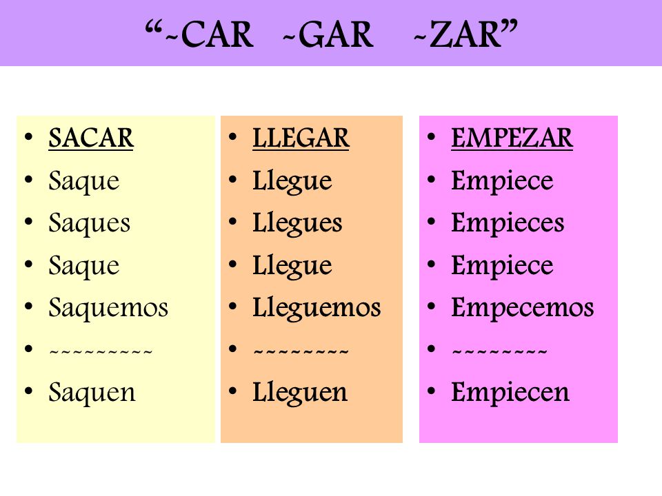 -CAR -GAR -ZAR SACAR Saque Saques Saquemos Saquen LLEGAR