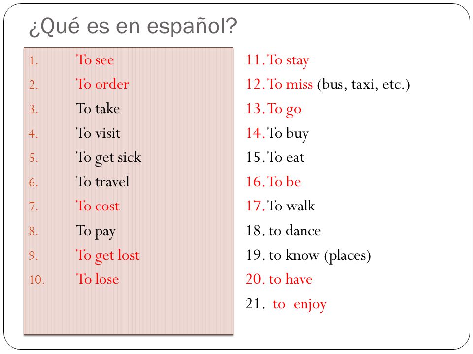¿Qué es en español To see To order To take To visit To get sick