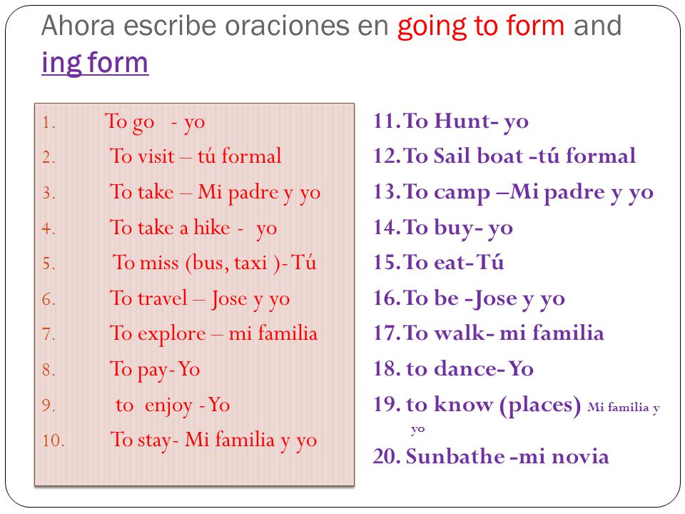 Ahora escribe oraciones en going to form and ing form