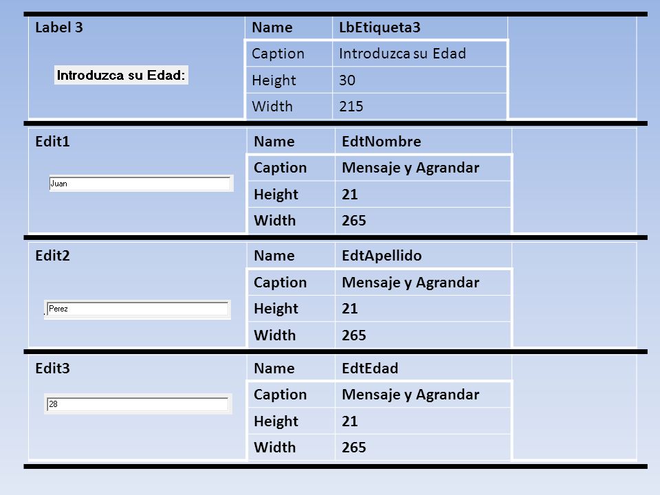 Label 3 Name. LbEtiqueta3. Caption. Introduzca su Edad. Height. 30. Width Edit1. Name.
