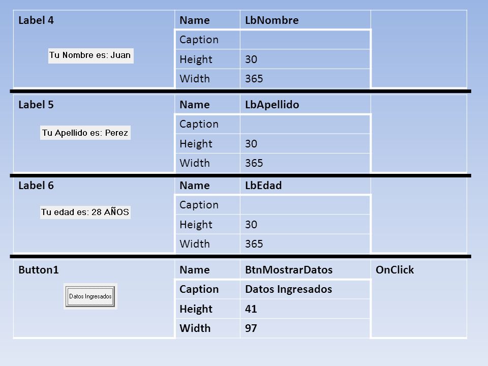 Label 4 Name. LbNombre. Caption. Height. 30. Width Label 5. Name. LbApellido. Caption.