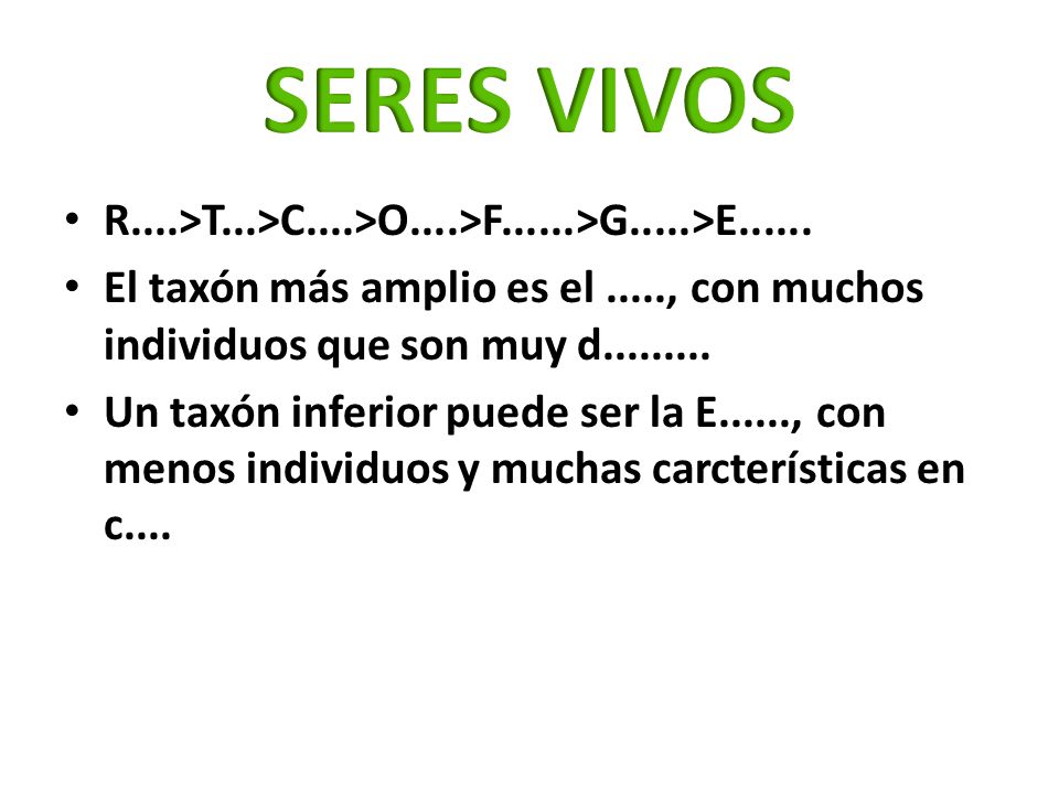 SERES VIVOS R....>T...>C....>O....>F......>G.....>E El taxón más amplio es el ....., con muchos individuos que son muy d