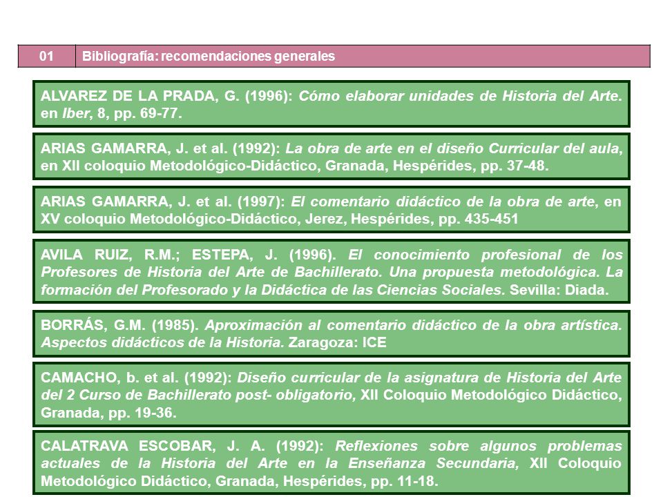 01 Bibliografía: recomendaciones generales. ALVAREZ DE LA PRADA, G. (1996): Cómo elaborar unidades de Historia del Arte. en Iber, 8, pp