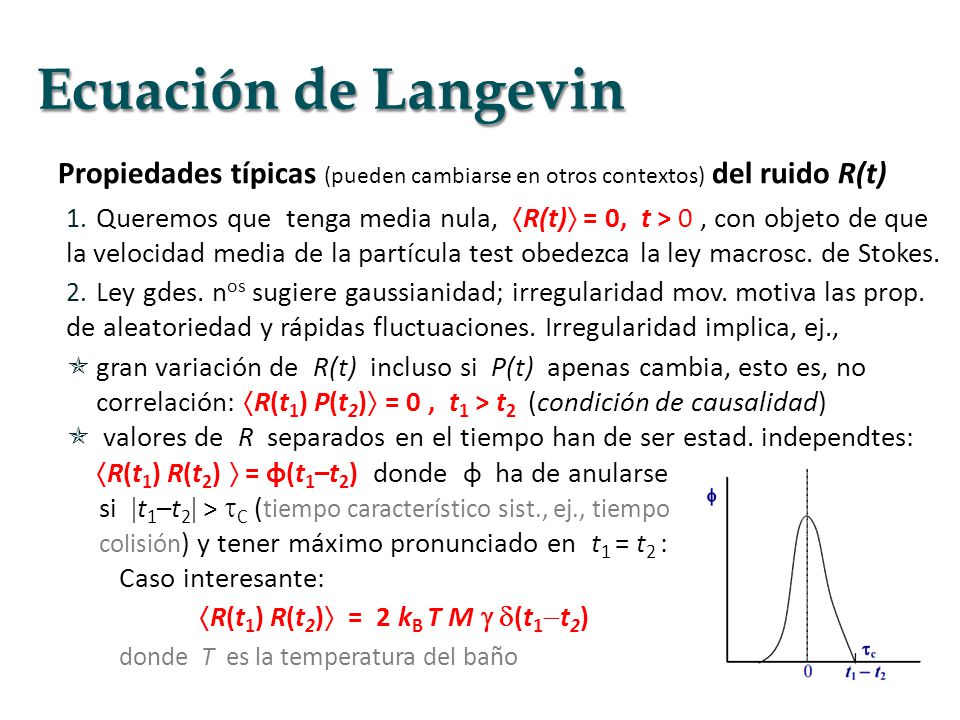 Ecuación de Langevin Propiedades típicas (pueden cambiarse en otros contextos) del ruido R(t)