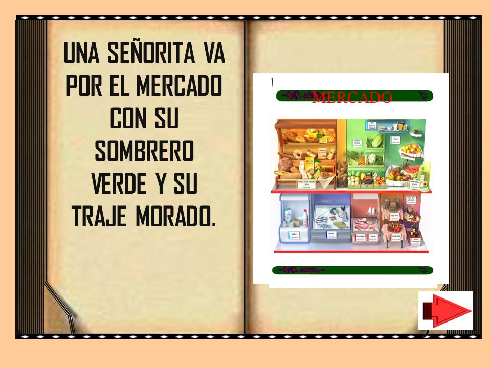 UNA SEÑORITA VA POR EL MERCADO CON SU SOMBRERO VERDE Y SU TRAJE MORADO.