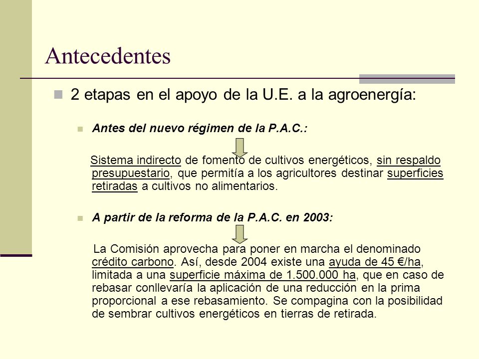Antecedentes 2 etapas en el apoyo de la U.E. a la agroenergía: