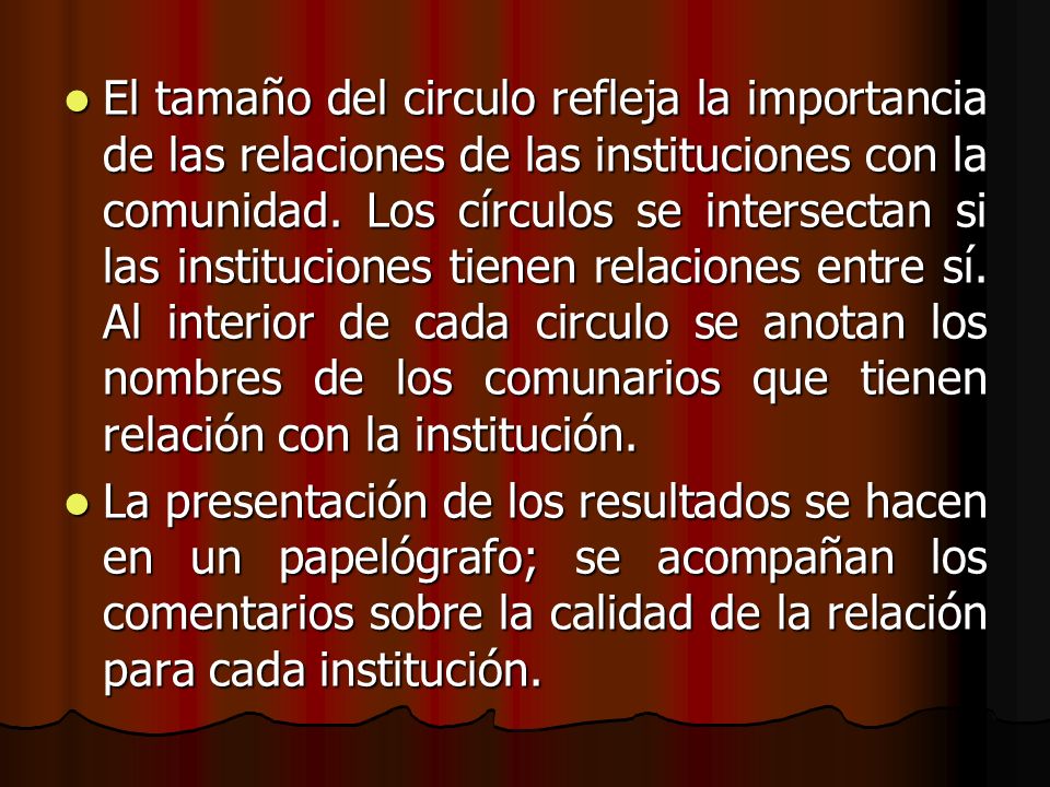 El tamaño del circulo refleja la importancia de las relaciones de las instituciones con la comunidad. Los círculos se intersectan si las instituciones tienen relaciones entre sí. Al interior de cada circulo se anotan los nombres de los comunarios que tienen relación con la institución.