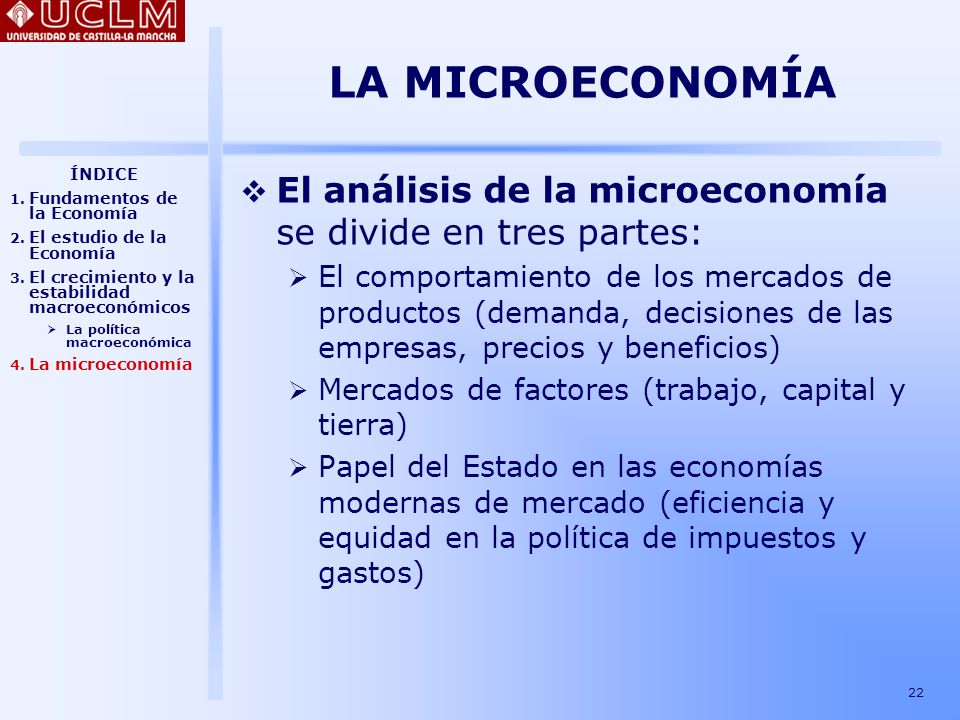 LA MICROECONOMÍA ÍNDICE. Fundamentos de la Economía. El estudio de la Economía. El crecimiento y la estabilidad macroeconómicos.