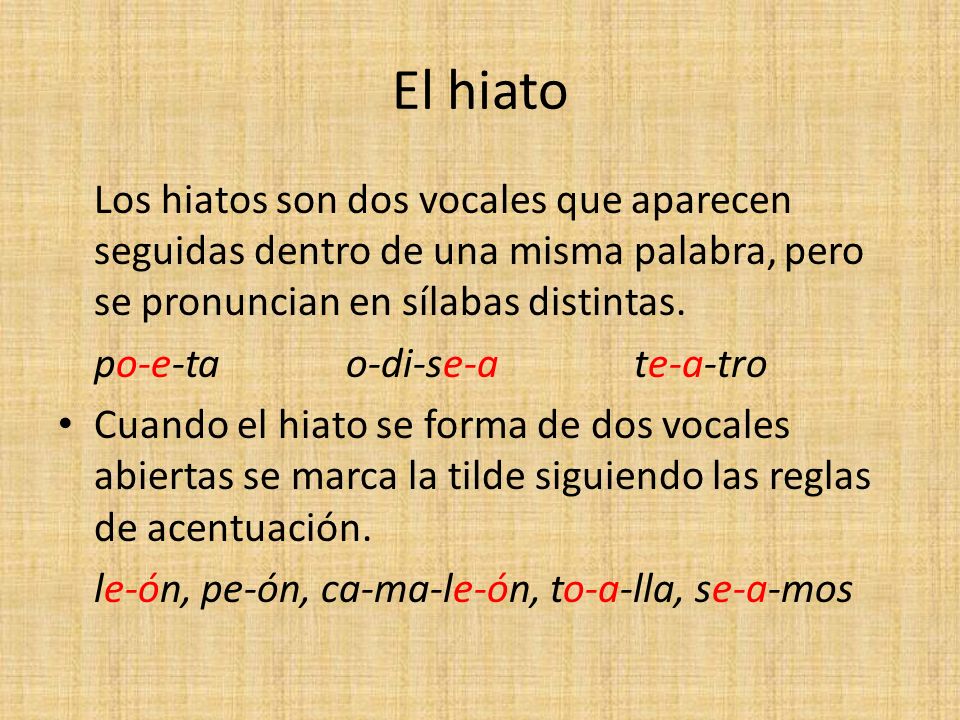 El hiato Los hiatos son dos vocales que aparecen seguidas dentro de una misma palabra, pero se pronuncian en sílabas distintas.