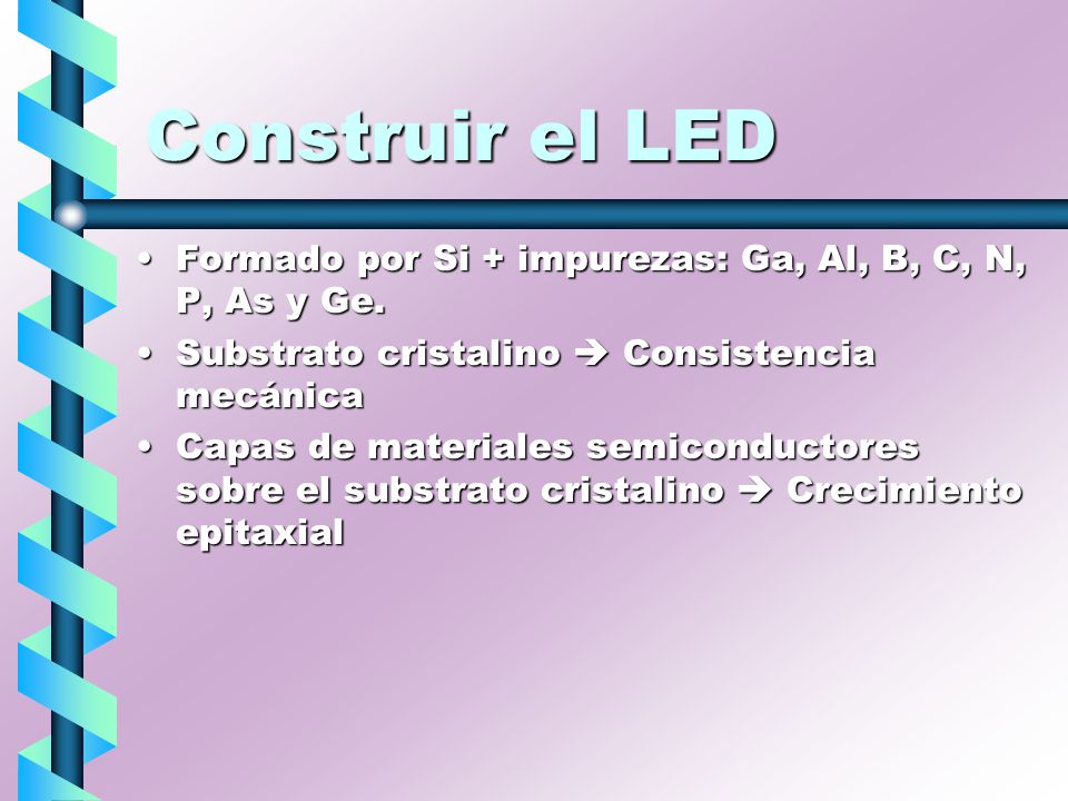 Construir el LED Formado por Si + impurezas: Ga, Al, B, C, N, P, As y Ge. Substrato cristalino  Consistencia mecánica.