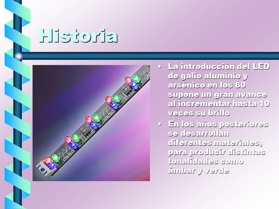 Historia La introducción del LED de galio aluminio y arsénico en los 80 supone un gran avance al incrementar hasta 10 veces su brillo.