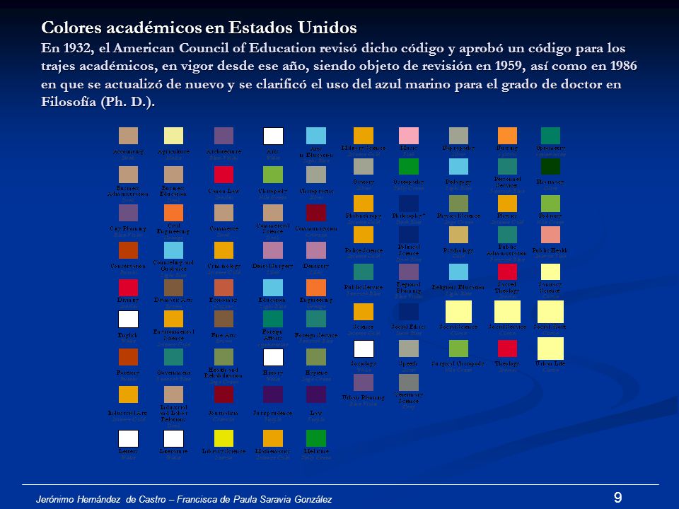 Colores académicos en Estados Unidos En 1932, el American Council of Education revisó dicho código y aprobó un código para los trajes académicos, en vigor desde ese año, siendo objeto de revisión en 1959, así como en 1986 en que se actualizó de nuevo y se clarificó el uso del azul marino para el grado de doctor en Filosofía (Ph. D.).