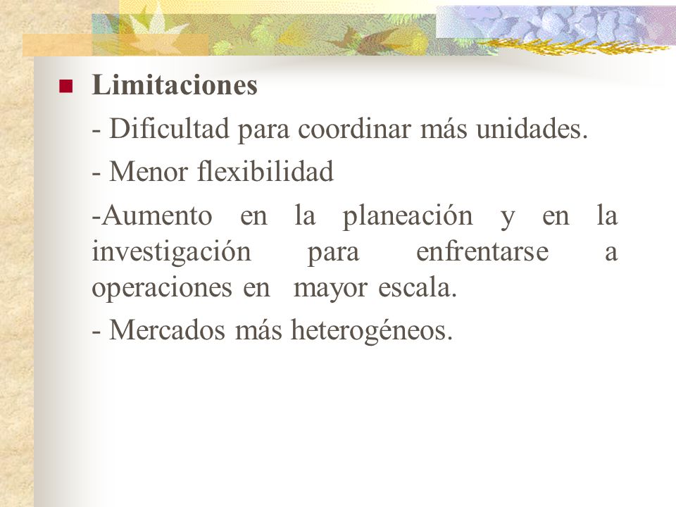 Limitaciones - Dificultad para coordinar más unidades. - Menor flexibilidad.
