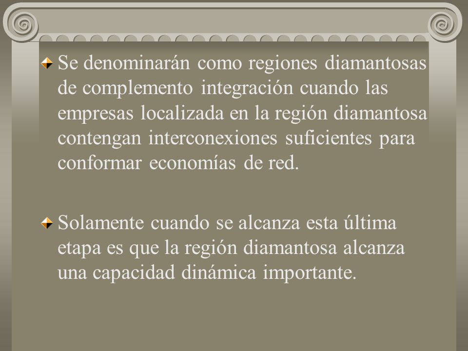 Se denominarán como regiones diamantosas de complemento integración cuando las empresas localizada en la región diamantosa contengan interconexiones suficientes para conformar economías de red.