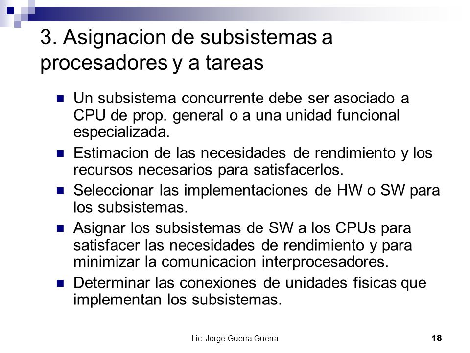 3. Asignacion de subsistemas a procesadores y a tareas