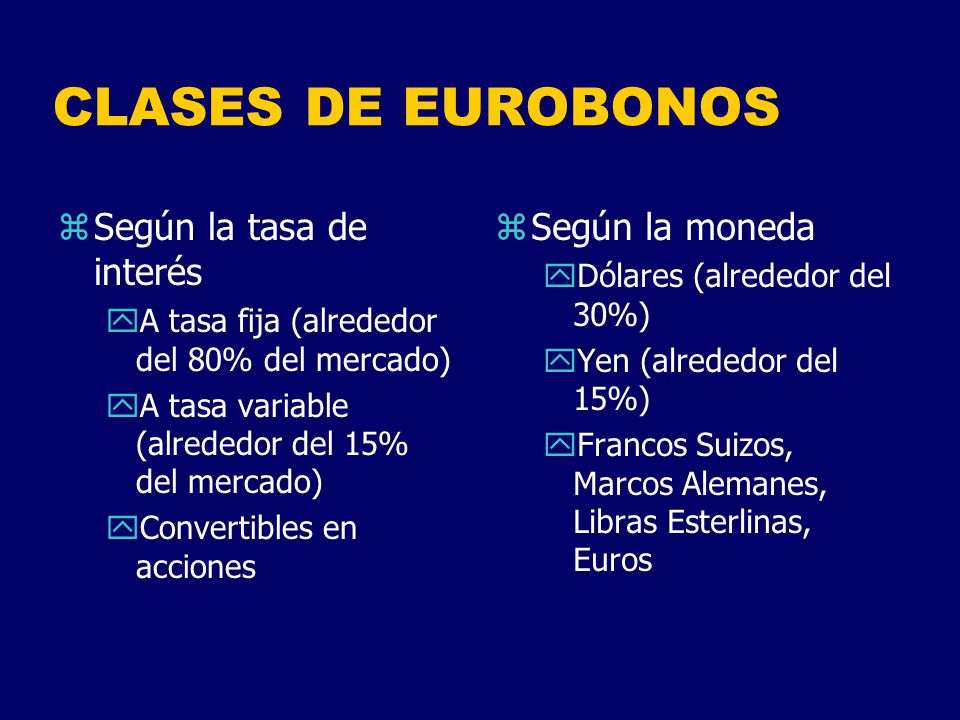 CLASES DE EUROBONOS Según la tasa de interés Según la moneda