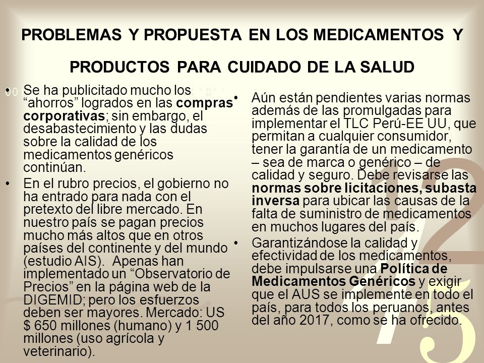 PROBLEMAS Y PROPUESTA EN LOS MEDICAMENTOS Y PRODUCTOS PARA CUIDADO DE LA SALUD