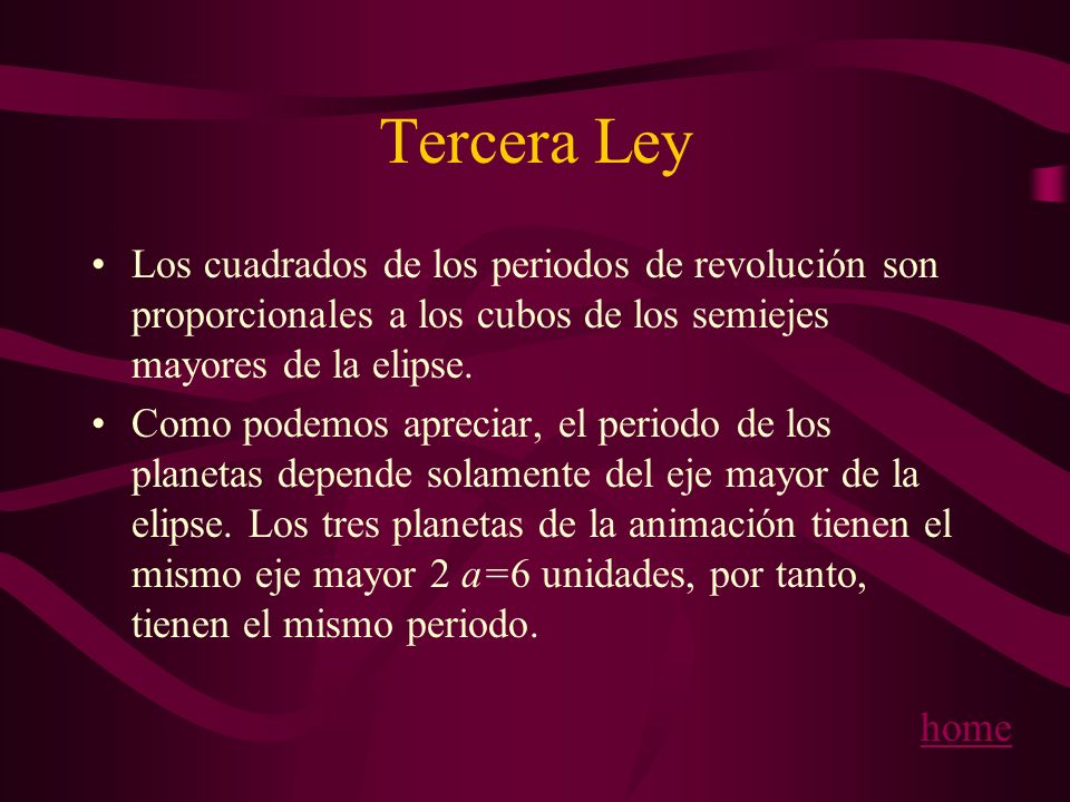 Tercera Ley Los cuadrados de los periodos de revolución son proporcionales a los cubos de los semiejes mayores de la elipse.