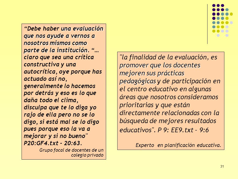 Debe haber una evaluación que nos ayude a vernos a nosotros mismos como parte de la institución. … claro que sea una crítica constructiva y una autocrítica, oye porque has actuado así no, generalmente lo hacemos por detrás y eso es lo que daña todo el clima, disculpa que te lo diga yo rajo de ella pero no se lo digo, si está mal se lo digo pues porque eso la va a mejorar y si no bueno P20:GF4.txt - 20:63.
