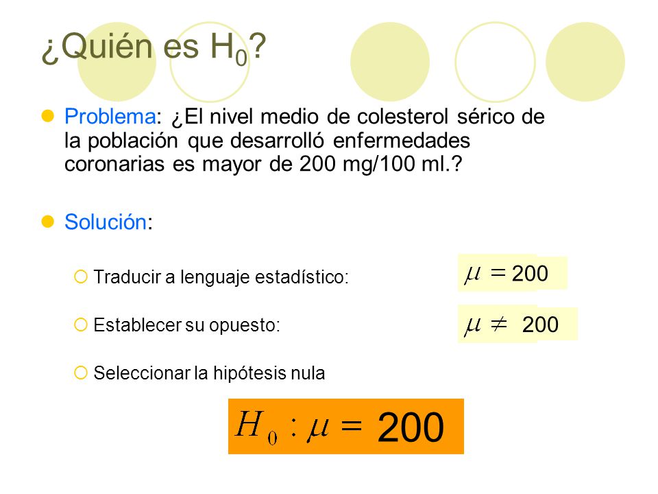 ¿Quién es H0 Problema: ¿El nivel medio de colesterol sérico de la población que desarrolló enfermedades coronarias es mayor de 200 mg/100 ml.