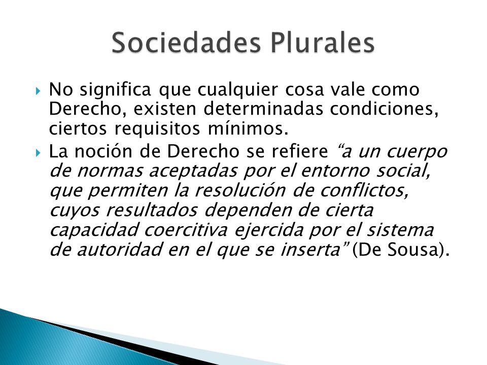 Sociedades Plurales No significa que cualquier cosa vale como Derecho, existen determinadas condiciones, ciertos requisitos mínimos.