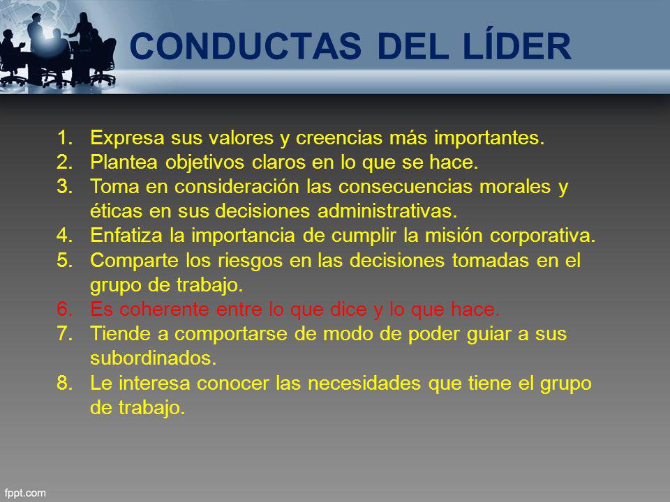 CONDUCTAS DEL LÍDER Expresa sus valores y creencias más importantes.