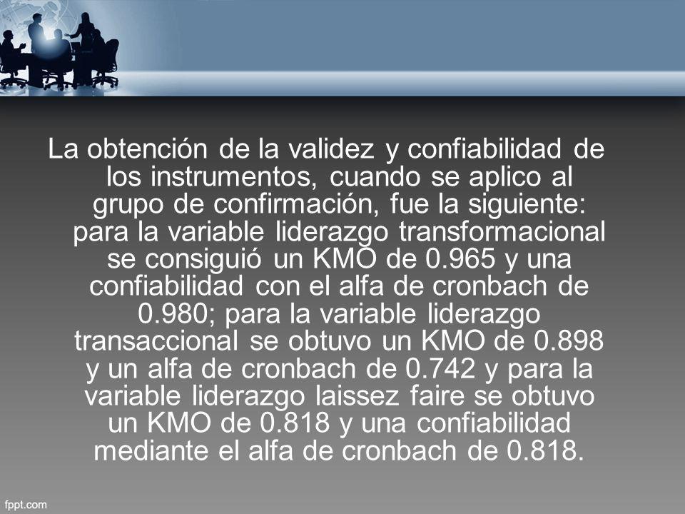 La obtención de la validez y confiabilidad de los instrumentos, cuando se aplico al grupo de confirmación, fue la siguiente: para la variable liderazgo transformacional se consiguió un KMO de y una confiabilidad con el alfa de cronbach de 0.980; para la variable liderazgo transaccional se obtuvo un KMO de y un alfa de cronbach de y para la variable liderazgo laissez faire se obtuvo un KMO de y una confiabilidad mediante el alfa de cronbach de