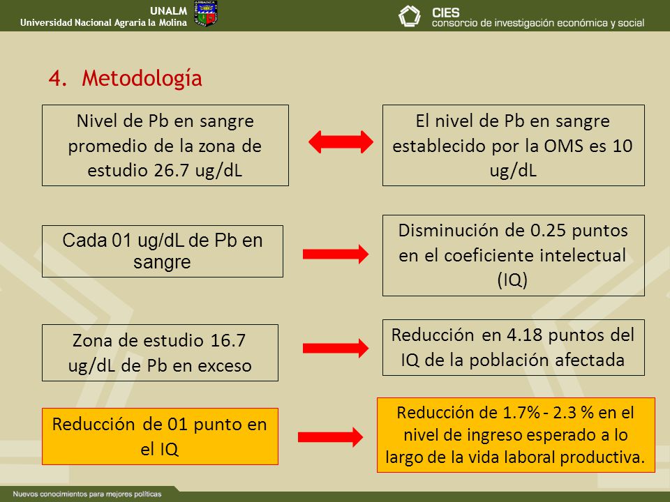 UNALM Universidad Nacional Agraria la Molina. 4. Metodología. Nivel de Pb en sangre promedio de la zona de estudio 26.7 ug/dL.
