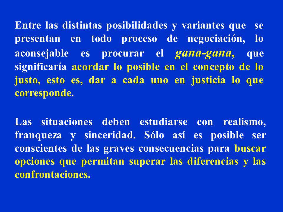 Entre las distintas posibilidades y variantes que se presentan en todo proceso de negociación, lo aconsejable es procurar el gana-gana, que significaría acordar lo posible en el concepto de lo justo, esto es, dar a cada uno en justicia lo que corresponde.