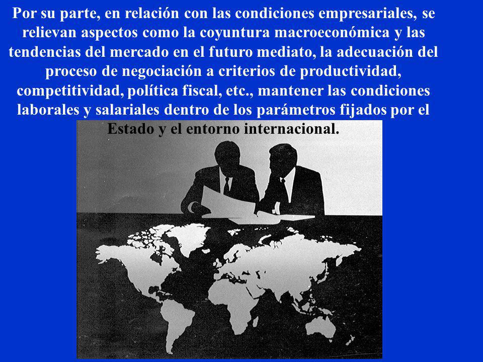Por su parte, en relación con las condiciones empresariales, se relievan aspectos como la coyuntura macroeconómica y las tendencias del mercado en el futuro mediato, la adecuación del proceso de negociación a criterios de productividad, competitividad, política fiscal, etc., mantener las condiciones laborales y salariales dentro de los parámetros fijados por el Estado y el entorno internacional.
