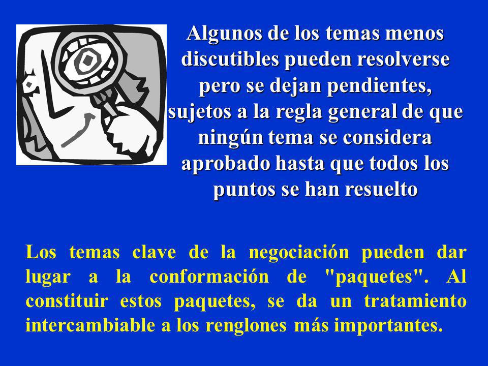 Algunos de los temas menos discutibles pueden resolverse pero se dejan pendientes, sujetos a la regla general de que ningún tema se considera aprobado hasta que todos los puntos se han resuelto