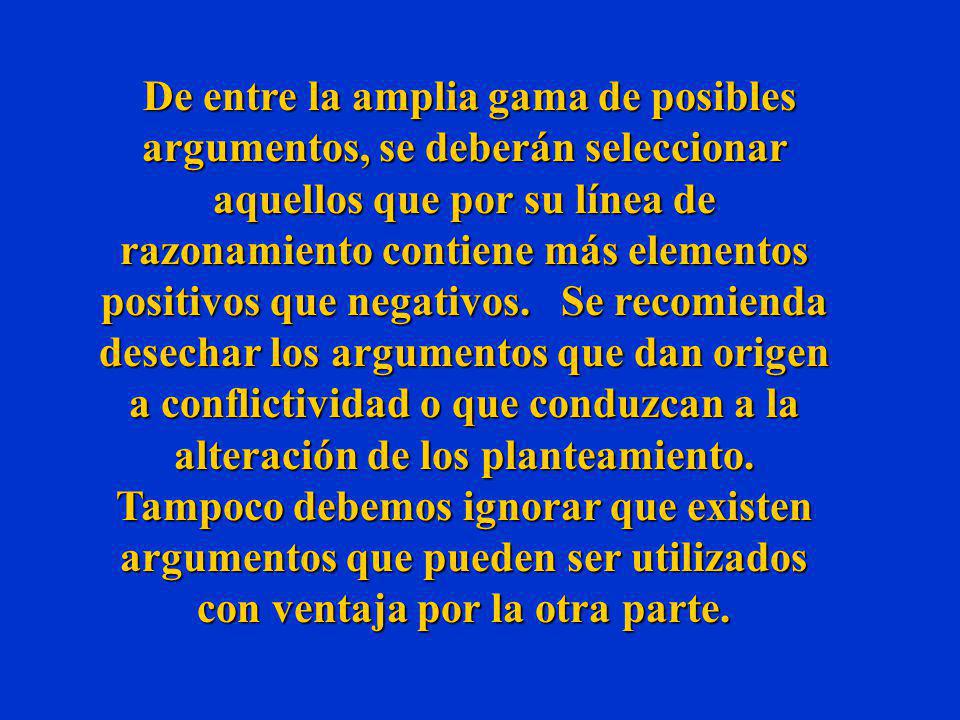 De entre la amplia gama de posibles argumentos, se deberán seleccionar aquellos que por su línea de razonamiento contiene más elementos positivos que negativos.