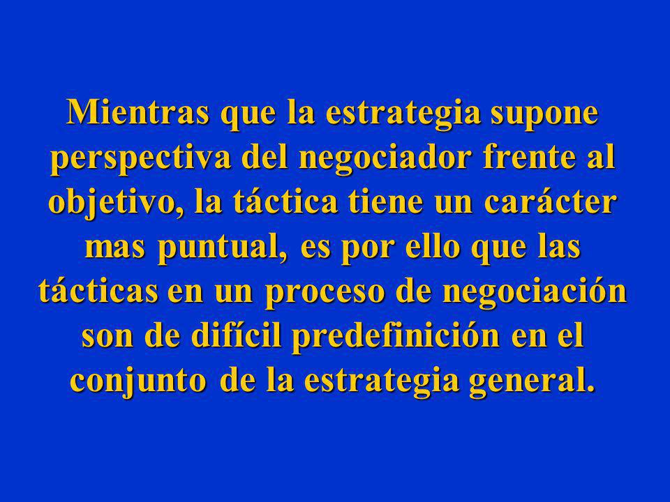 Mientras que la estrategia supone perspectiva del negociador frente al objetivo, la táctica tiene un carácter mas puntual, es por ello que las tácticas en un proceso de negociación son de difícil predefinición en el conjunto de la estrategia general.