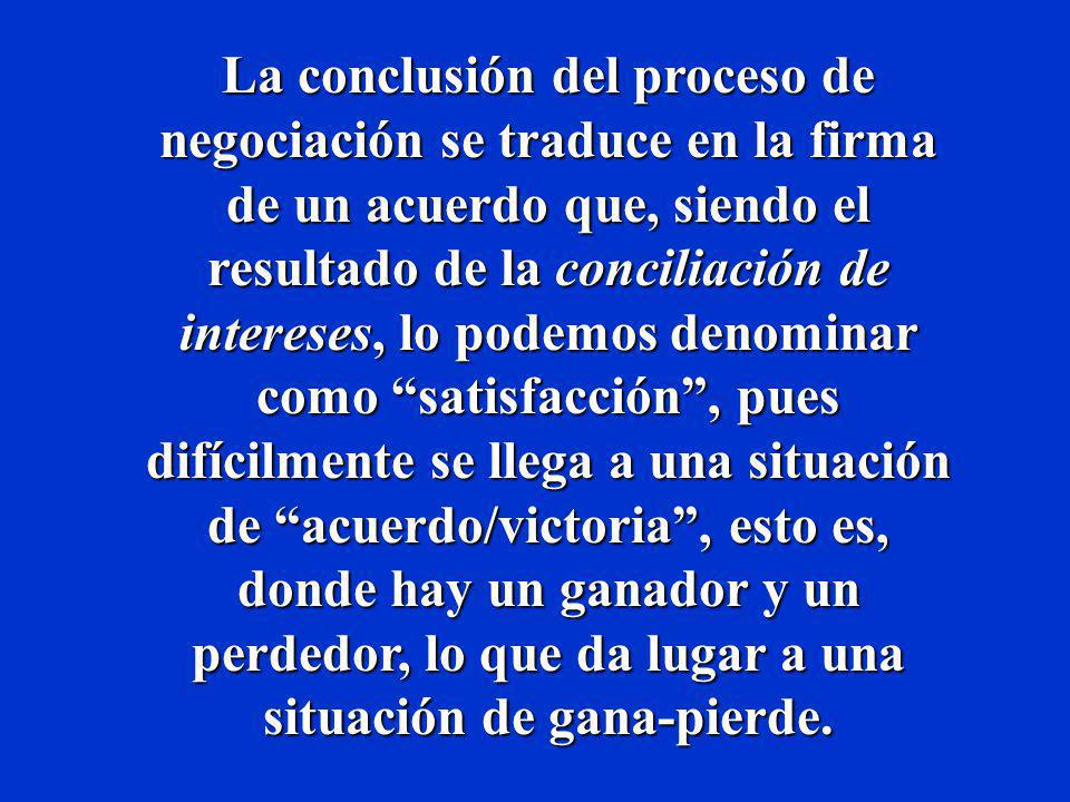 La conclusión del proceso de negociación se traduce en la firma de un acuerdo que, siendo el resultado de la conciliación de intereses, lo podemos denominar como satisfacción , pues difícilmente se llega a una situación de acuerdo/victoria , esto es, donde hay un ganador y un perdedor, lo que da lugar a una situación de gana-pierde.